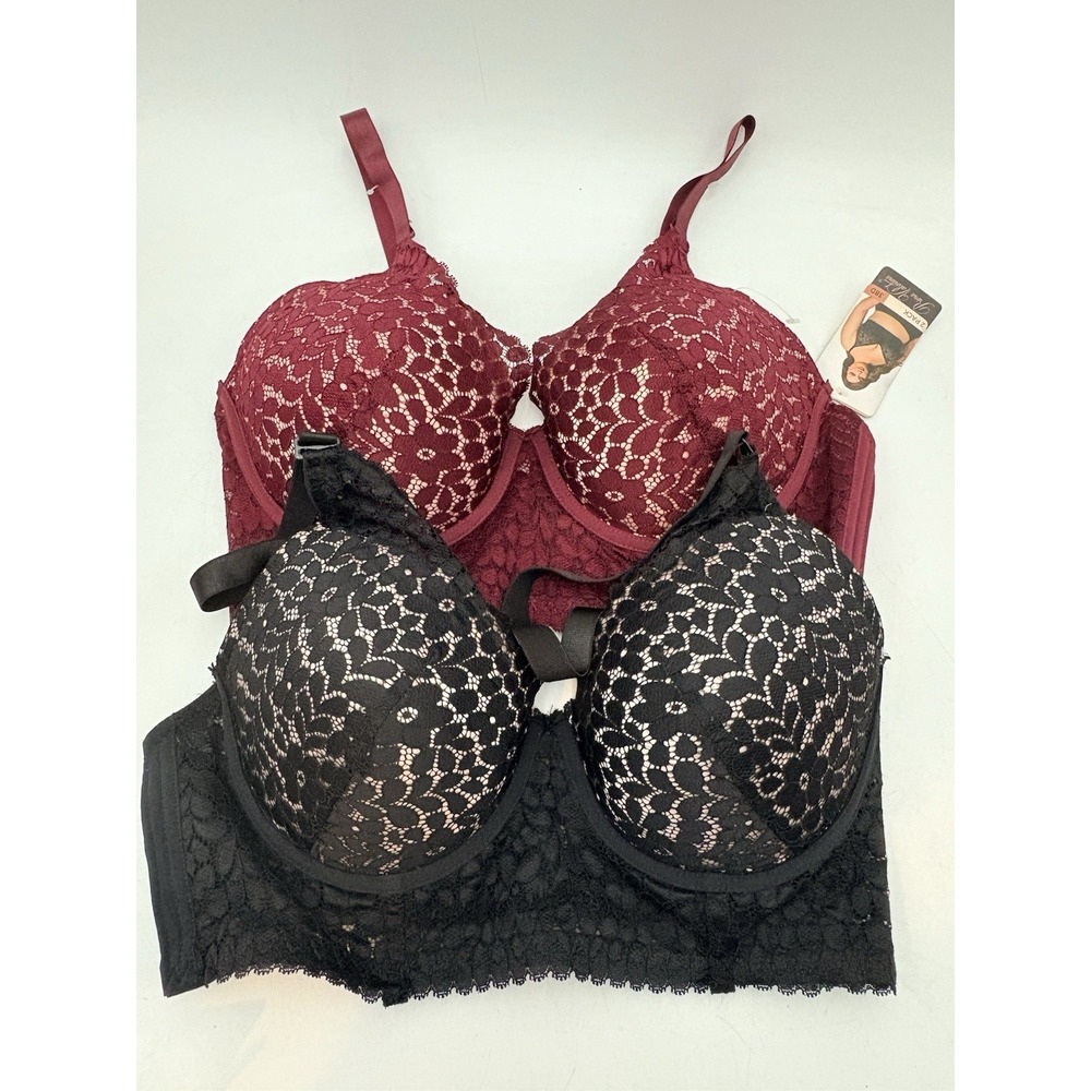Prima Valentina Bras 38D Lace Longline Black Burgundy 2 Pack NWT